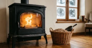 Czarny kociol na pellet z bursztynowym plomieniem i wiklinowy kosz pelletu drzewnego