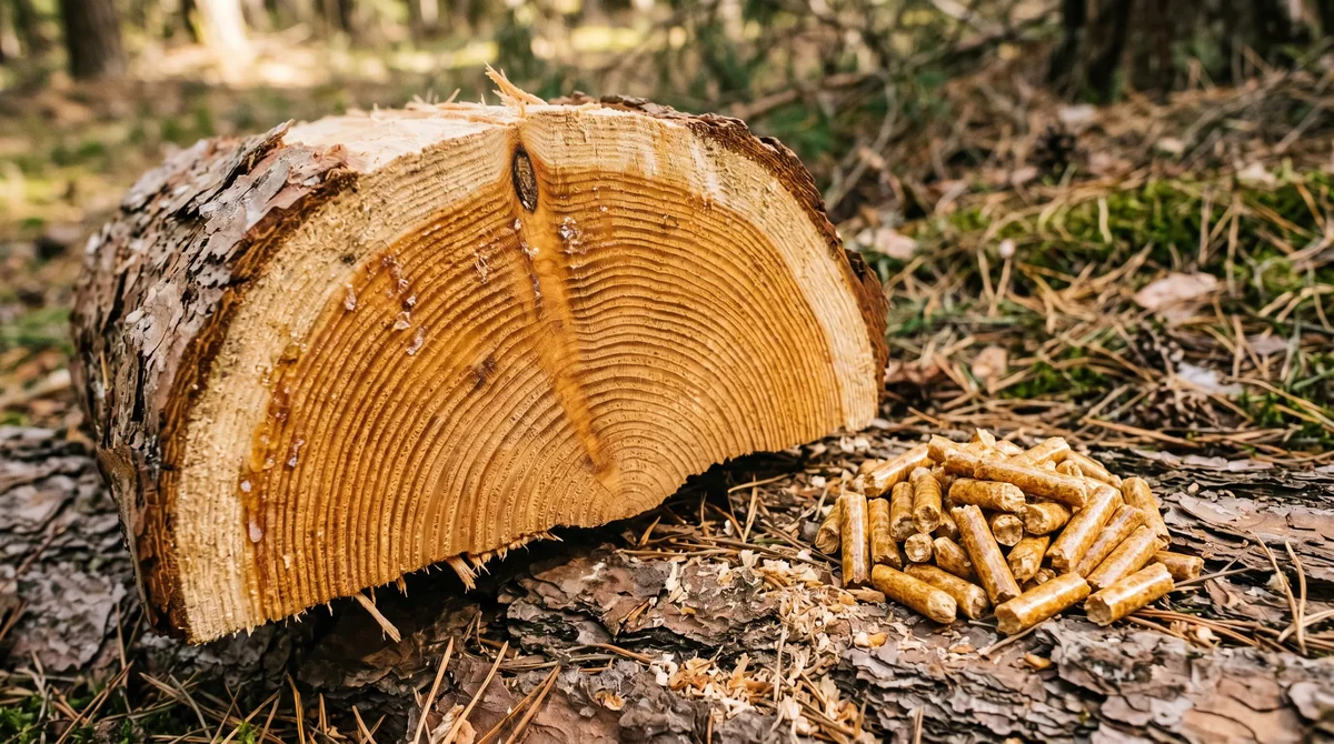 Rozłupana kłoda sosnowa z widocznymi słojami i żywicą obok pelletu drzewnego ENplus A1 - lignina naturalne spoiwo granulatu bez chemicznych klejów