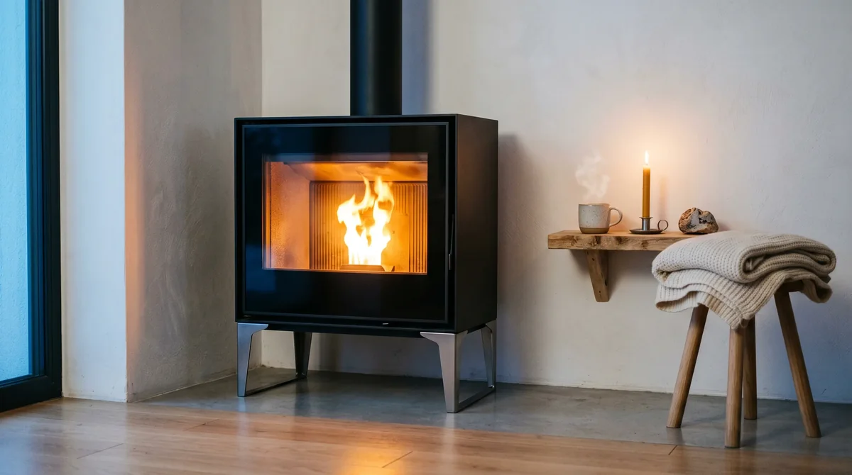 Nowoczesny kominek pelletowy na metalowych nóżkach z widocznym bursztynowym płomieniem - elegancki design kominku na pellet drzewny w minimalistycznym wnętrzu zimą