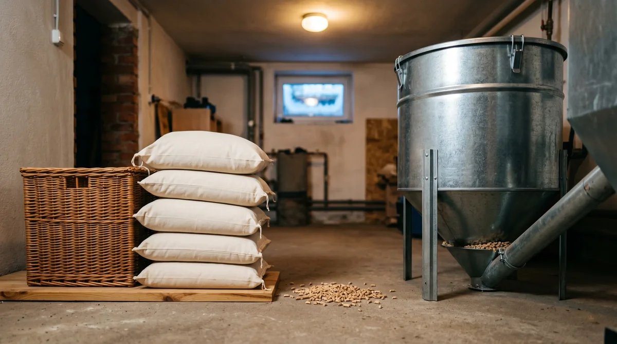 Trzy sposoby magazynowania pelletu drzewnego ENplus A1 - worki na drewnianej podkładce i silos na pellet w suchej kotłowni polskiego domu