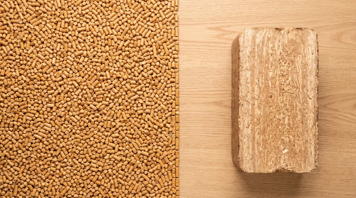 Kaloryczność pelletu drzewnego ENplus A1 kontra brykiet - gęste pole granulatu 6 mm obok pojedynczego dużego brykietu RUF na deskach dębowych - ujęcie flat-lay z góry