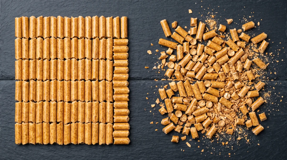 Porównanie pelletu drzewnego ENplus A1 - lewy rząd nienaruszone granulki 6 mm, prawy rząd granulki z drobnymi odłamkami i pyłem drobinowym - ujęcie z góry na łupku